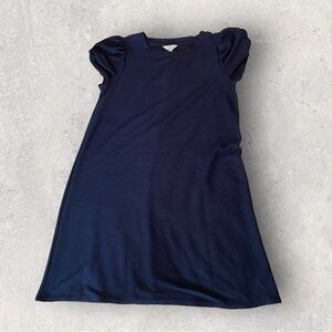 CROWN & IVY navy soft terry knit shift dress with short puff balloon sleeves